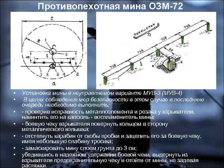 Противопехотная мина ОЗМ-72 • • Установка мины в неуправляемом варианте МУВ-3 (МУВ-4) В целях