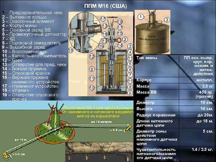 ППМ М 16 (США) 1 – Предохранительная чека 2 – Вытяжное кольцо 3 –