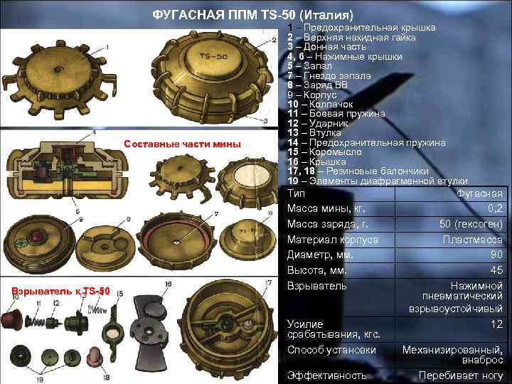 ФУГАСНАЯ ППМ TS-50 (Италия) Составные части мины Взрыватель к TS-50 1 – Предохранительная крышка