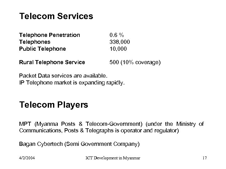 Telecom Services Telephone Penetration Telephones Public Telephone 0. 6 % 338, 000 10, 000