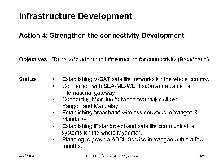 Infrastructure Development Action 4: Strengthen the connectivity Development Objectives: To provide adequate infrastructure for