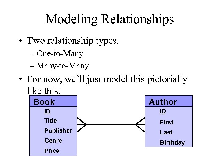Modeling Relationships • Two relationship types. – One-to-Many – Many-to-Many • For now, we’ll