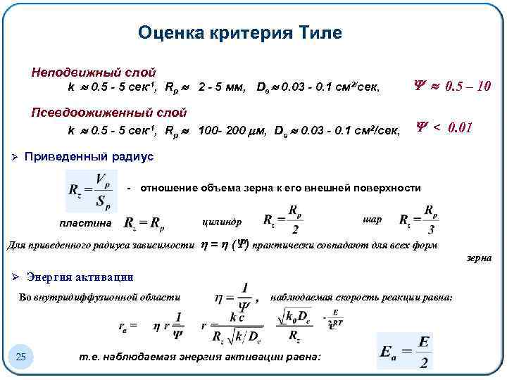 Оценка критерия Тиле Неподвижный слой k 0. 5 - 5 cек-1, Rp 2 -