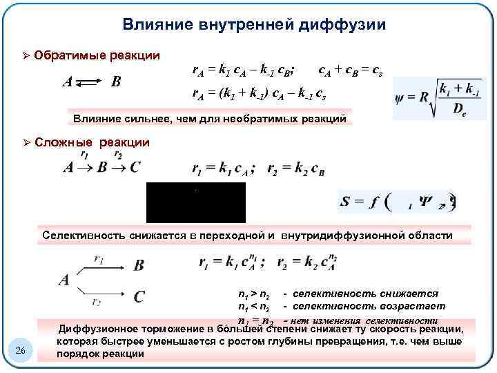 Влияние внутренней диффузии Ø Обратимые реакции A B r. A = k 1 c.