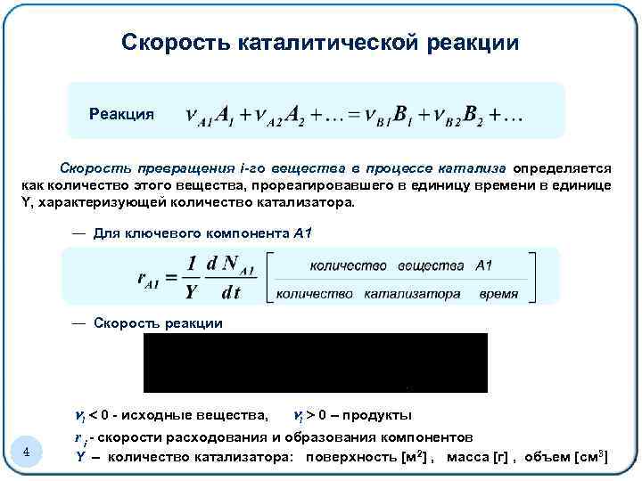 Скорость каталитической реакции Образец заголовка Реакция Скорость превращения i-го вещества в процессе катализа определяется