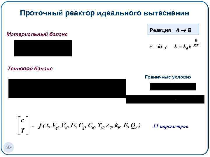 Проточный реактор идеального вытеснения Материальный баланс Реакция А В r = kc ; Тепловой