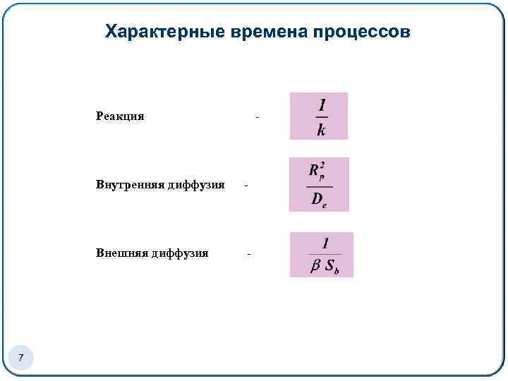 Характерные времена процессов Реакция Внутренняя диффузия Внешняя диффузия 7 - - - 