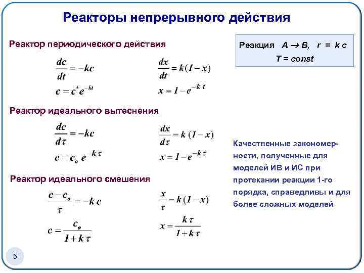 Реакторы непрерывного действия Реактор периодического действия Реакция А В, r = k c Т