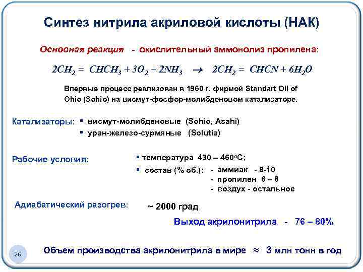 Синтез нитрила акриловой кислоты (НАК) Основная реакция - окислительный аммонолиз пропилена: 2 CH 2