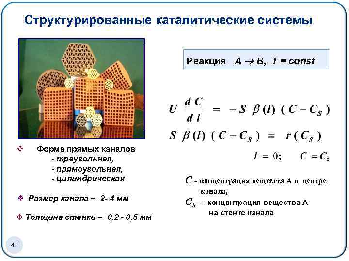 Структурированные каталитические системы Реакция А В, Т = соnst v Форма прямых каналов -