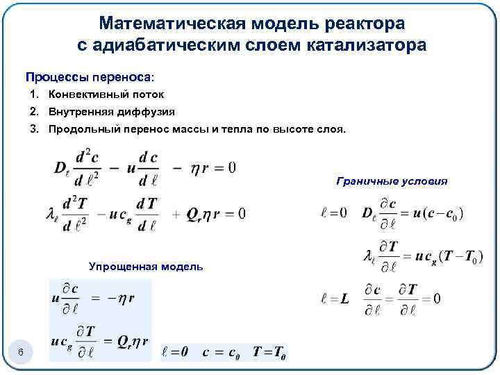 Математическая модель реактора с адиабатическим слоем катализатора Процессы переноса: 1. Конвективный поток 2. Внутренняя