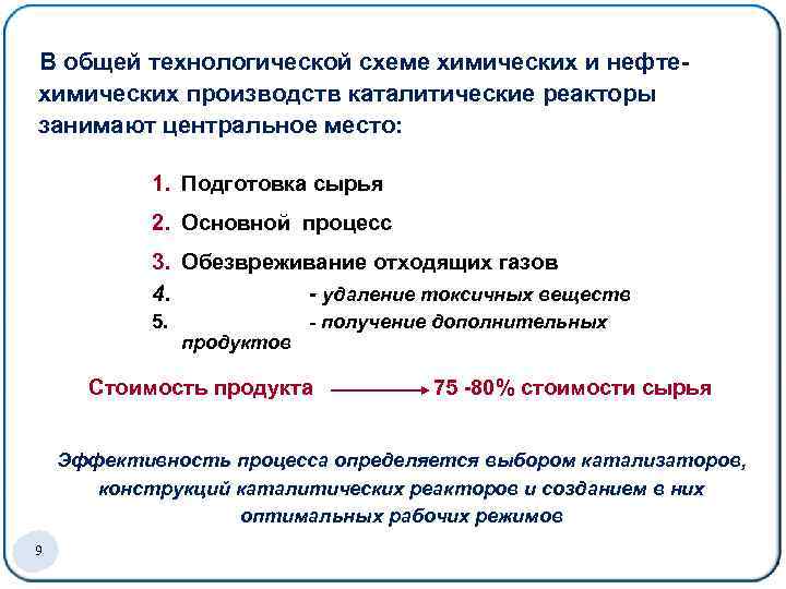В общей технологической схеме химических и нефтехимических производств каталитические реакторы занимают центральное место: 1.