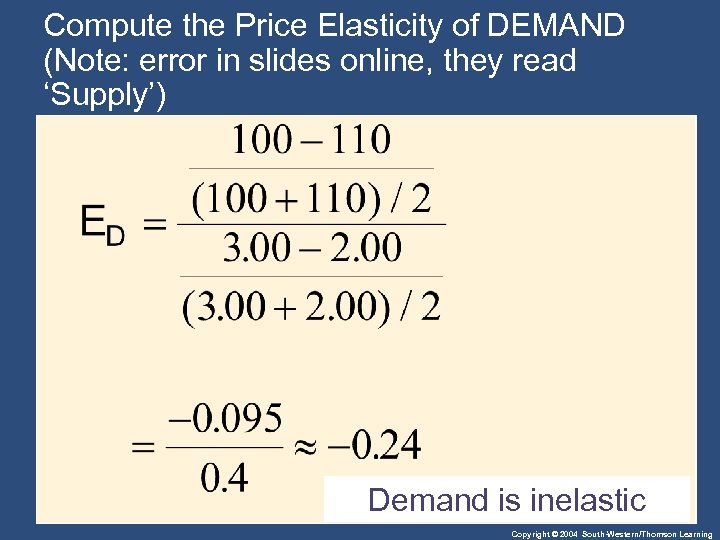 Compute the Price Elasticity of DEMAND (Note: error in slides online, they read ‘Supply’)