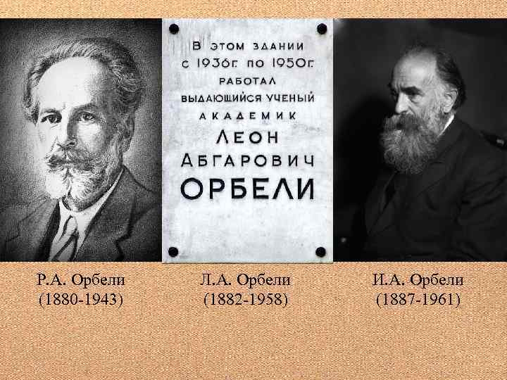 Р. А. Орбели (1880 -1943) Л. А. Орбели (1882 -1958) И. А. Орбели (1887