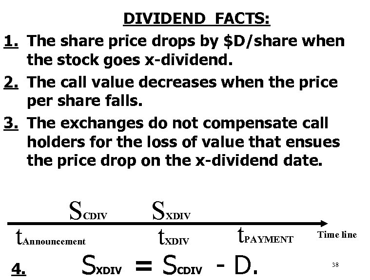 DIVIDEND FACTS: 1. The share price drops by $D/share when the stock goes x-dividend.