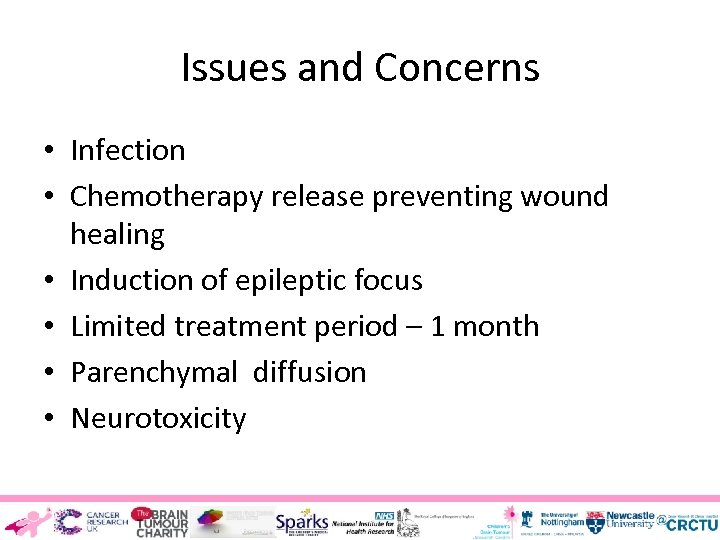 Issues and Concerns • Infection • Chemotherapy release preventing wound healing • Induction of