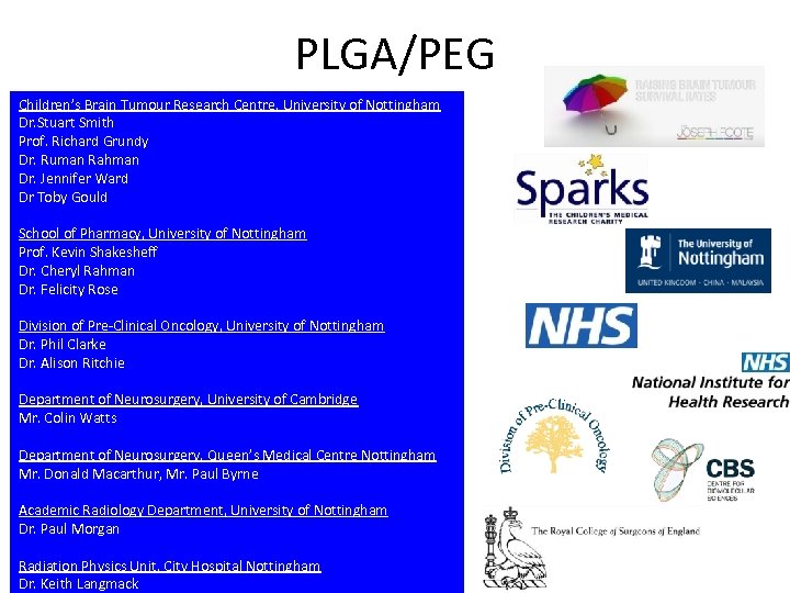 Team / Funding PLGA/PEG Children’s Brain Tumour Research Centre, University of Nottingham Dr. Stuart