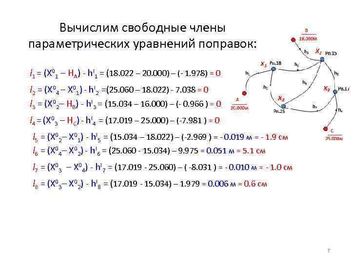 Вычислим свободные члены параметрических уравнений поправок: l 1 = (X 01 – HA) -