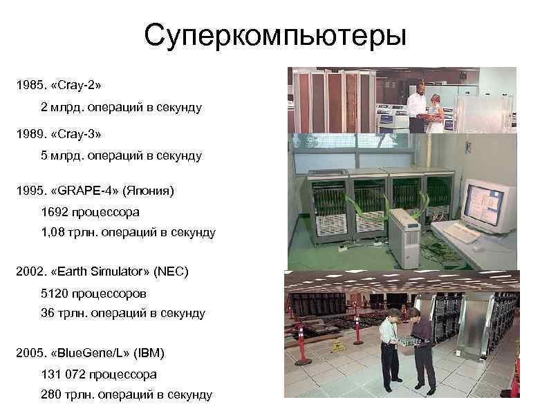 Суперкомпьютеры 1985. «Cray-2» 2 млрд. операций в секунду 1989. «Cray-3» 5 млрд. операций в