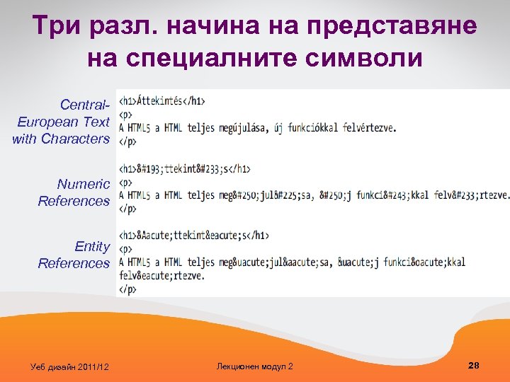 Три разл. начина на представяне на специалните символи Central. European Text with Characters Numeric