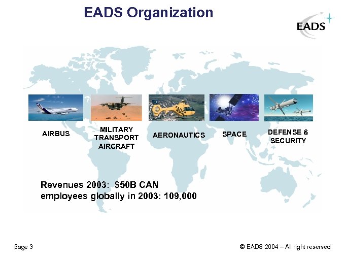 EADS Organization AIRBUS MILITARY TRANSPORT AIRCRAFT AERONAUTICS SPACE DEFENSE & SECURITY Revenues 2003: $50