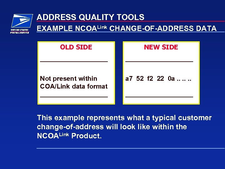 ADDRESS QUALITY TOOLS EXAMPLE NCOALink CHANGE-OF-ADDRESS DATA OLD SIDE Not present within COA/Link data
