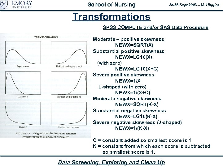 School of Nursing 25 -26 Sept 2008 – M. Higgins Transformations SPSS COMPUTE and/or