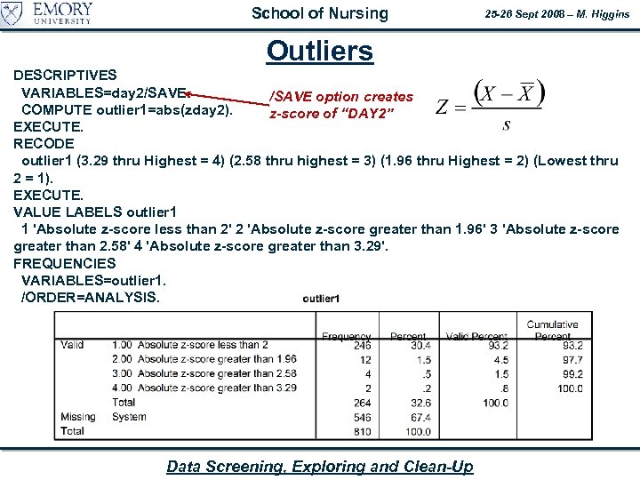 School of Nursing 25 -26 Sept 2008 – M. Higgins Outliers DESCRIPTIVES VARIABLES=day 2/SAVE