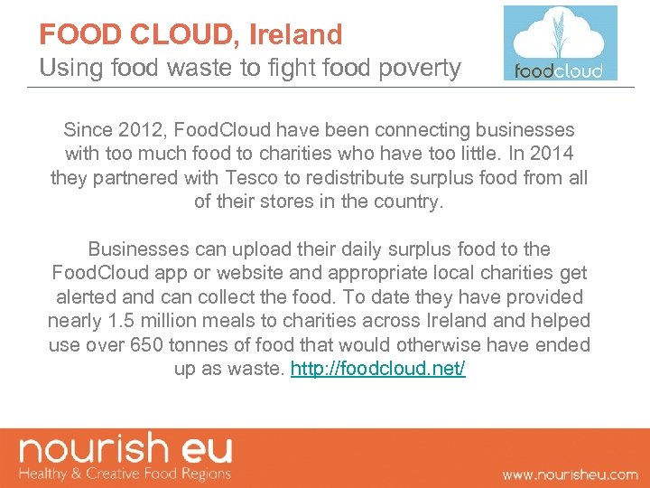 FOOD CLOUD, Ireland Using food waste to fight food poverty Since 2012, Food. Cloud