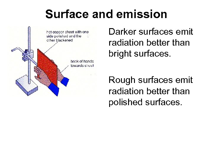 Surface and emission Darker surfaces emit radiation better than bright surfaces. Rough surfaces emit