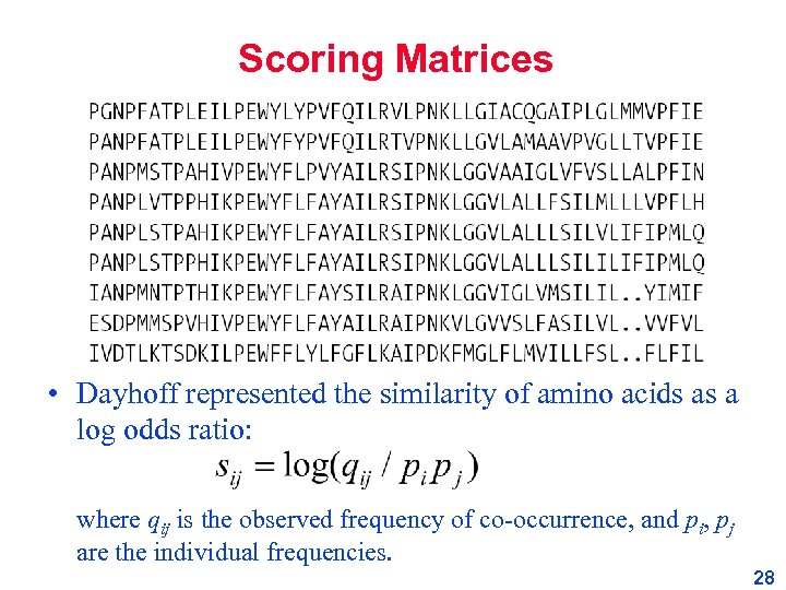 Scoring Matrices • Dayhoff represented the similarity of amino acids as a log odds
