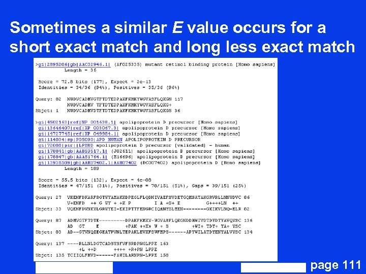 Sometimes a similar E value occurs for a short exact match and long less