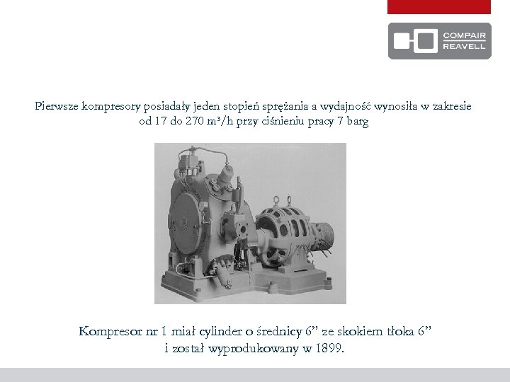 Pierwsze kompresory posiadały jeden stopień sprężania a wydajność wynosiła w zakresie od 17 do