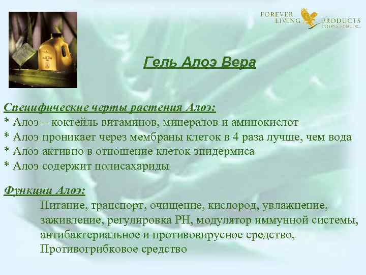 Гель Алоэ Вера Специфические черты растения Алоэ: * Алоэ – коктейль витаминов, минералов и