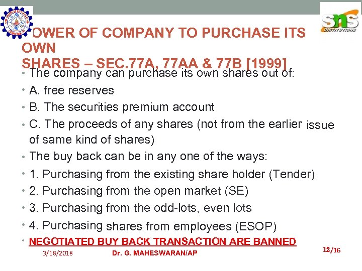 POWER OF COMPANY TO PURCHASE ITS OWN SHARES – SEC. 77 A, 77 AA