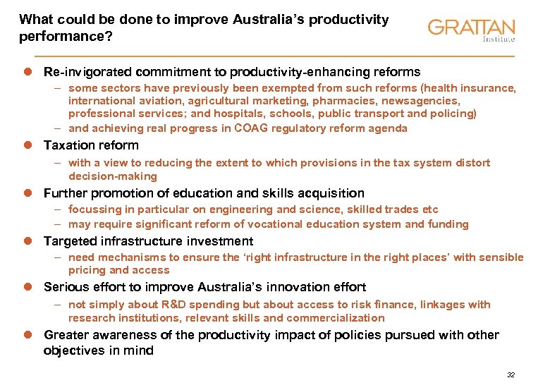 What could be done to improve Australia’s productivity performance? l Re-invigorated commitment to productivity-enhancing