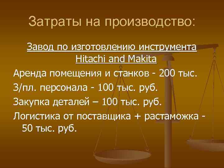 Затраты на производство: Завод по изготовлению инструмента Hitachi and Makita Аренда помещения и станков