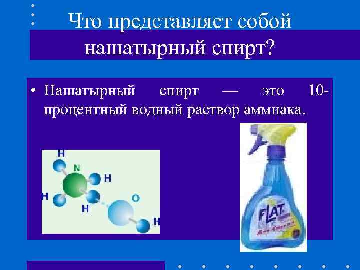 Что представляет собой нашатырный спирт? • Нашатырный спирт — это 10 процентный водный раствор