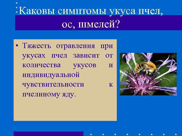 Каковы симптомы укуса пчел, ос, шмелей? • Тяжесть отравления при укусах пчел зависит от