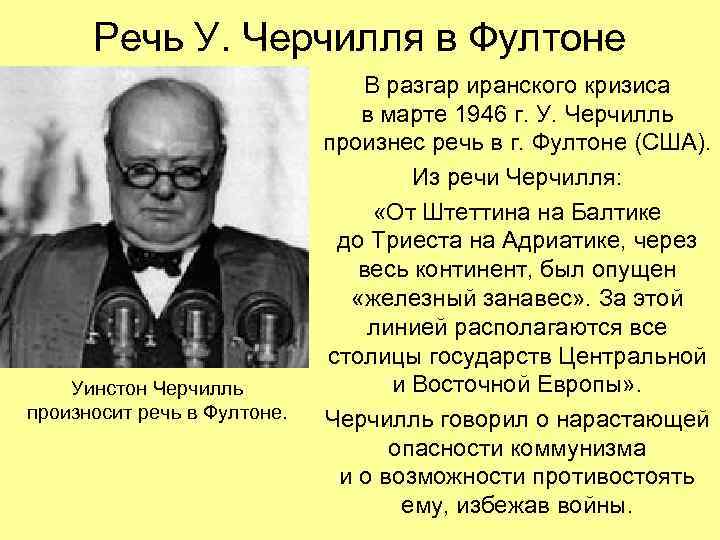 Речь У. Черчилля в Фултоне Уинстон Черчилль произносит речь в Фултоне. В разгар иранского