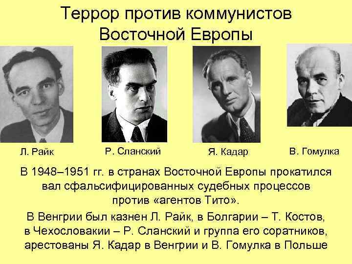 Террор против коммунистов Восточной Европы Л. Райк Р. Сланский Я. Кадар В. Гомулка В