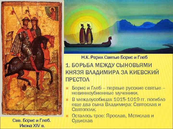Н. К. Рерих Святые Борис и Глеб 1. БОРЬБА МЕЖДУ СЫНОВЬЯМИ КНЯЗЯ ВЛАДИМИРА ЗА
