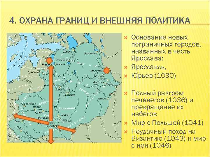 4. ОХРАНА ГРАНИЦ И ВНЕШНЯЯ ПОЛИТИКА Основание новых пограничных городов, названных в честь Ярослава: