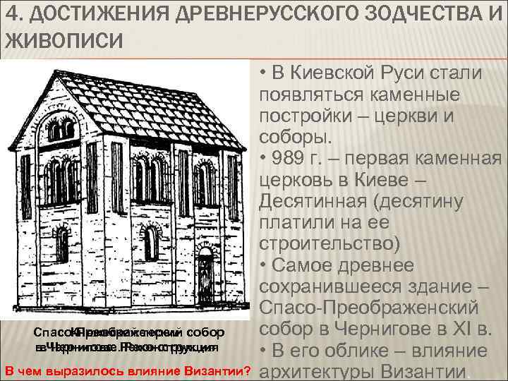 4. ДОСТИЖЕНИЯ ДРЕВНЕРУССКОГО ЗОДЧЕСТВА И ЖИВОПИСИ Спасо-Преображенский собор Княжеский терем в Чернигове. Реконструкция В