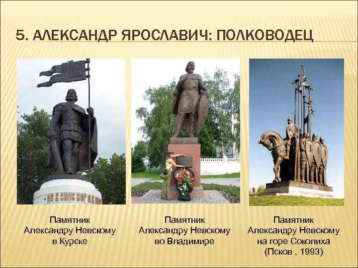 5. АЛЕКСАНДР ЯРОСЛАВИЧ: ПОЛКОВОДЕЦ Памятник Александру Невскому в Курске Памятник Александру Невскому во Владимире