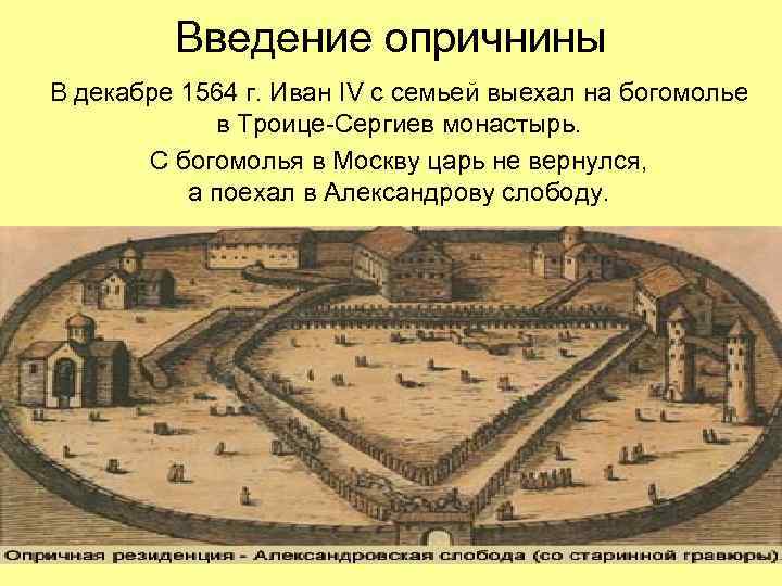 Введение опричнины В декабре 1564 г. Иван IV с семьей выехал на богомолье в