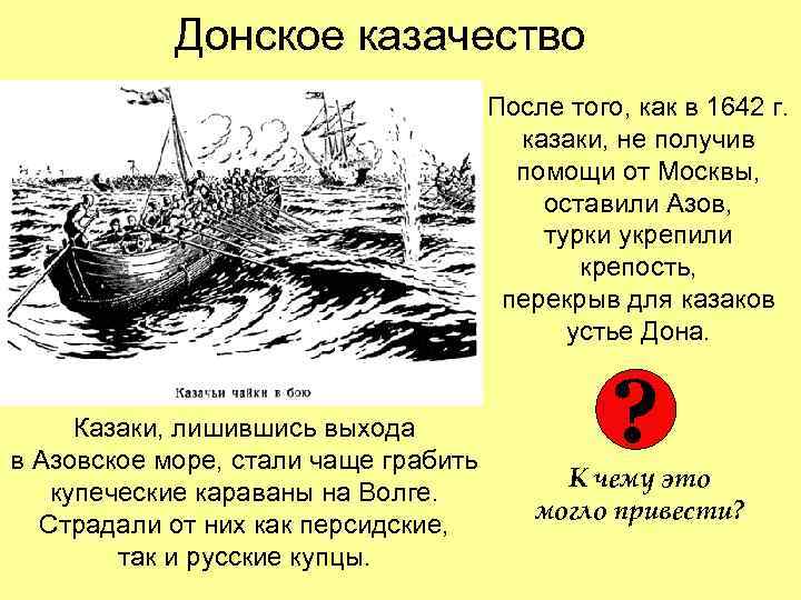 Донское казачество После того, как в 1642 г. казаки, не получив помощи от Москвы,