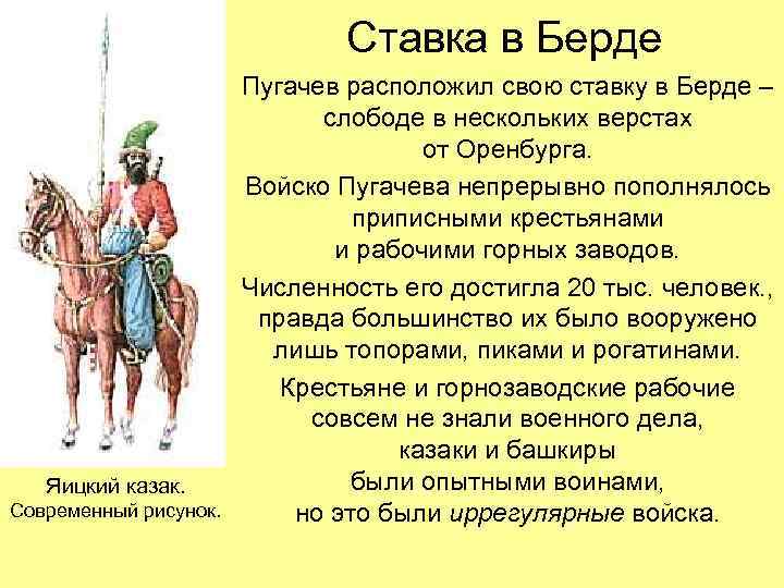 Ставка в Берде Яицкий казак. Современный рисунок. Пугачев расположил свою ставку в Берде –