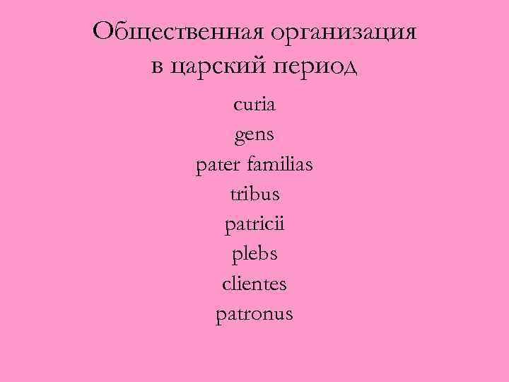 Общественная организация в царский период curia gens pater familias tribus patricii plebs clientes patronus