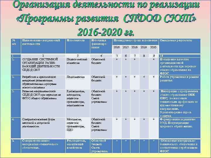 Организация деятельности по реализации «Программы развития СПДОД СЮТ» 2016 -2020 гг. № п/п Наименование